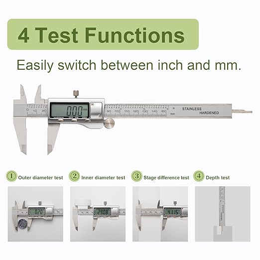 All-Metal Digital Caliper 0-6"Measuring Tool, Micrometer Caliper with Auto-Off Feature, Interchangeable Between inches and millimeters for DIY/Household and 3D Printing