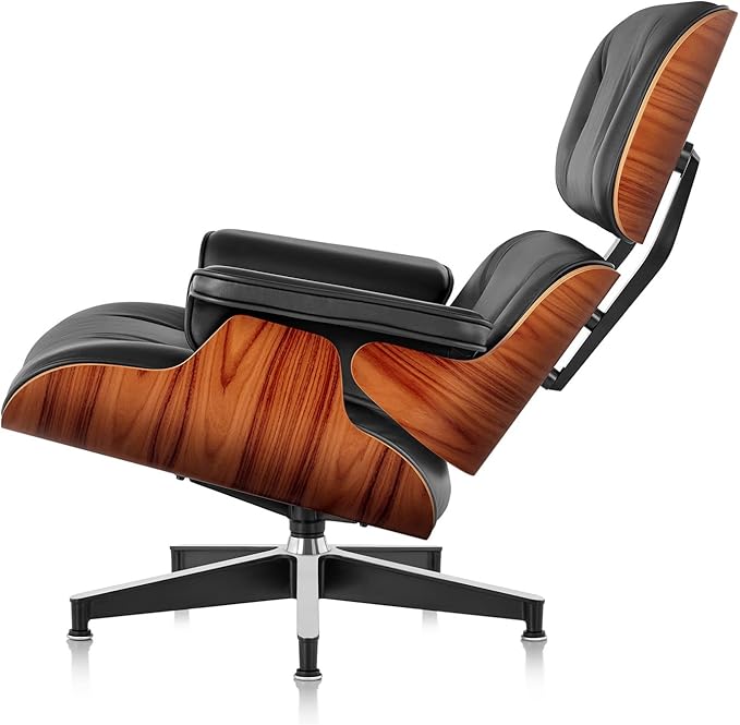 Mid Century Chaise Lounge Chair with Ottoman, Top Black Grain Leather, Modern Office Chair Classic Design, Heavy Duty Base Support for Living Room Study Lounge Office