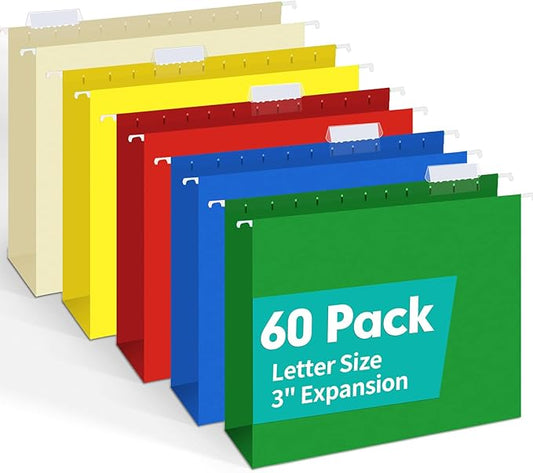 HERKKA Extra Capacity Hanging File Folders, 60 Pack Reinforced Letter Size Hanging Folders with Heavy Duty 3 Inch Expansion, Designed for Bulky Files, Medical Charts, Adjustable Tabs, Assorted Colors