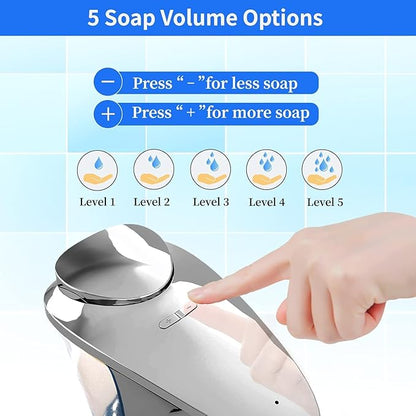 FKWin Automatic Soap Dispenser, Touchless Sensor Hand Soap Dispenser 17oz/500ml, 5 Adjustable Dispensing, Wide Opening Refillable Reservoir, Battery Powered for Bathroom & Kitchen – Silver