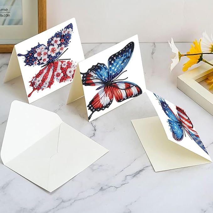 6PCS Diamond Art Painting Greeting Card Set, US Flag Butterfly Pattern DIY Cards with Envelopes for Xmas Birthdays Special Occasion Blessing