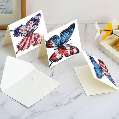 6PCS Diamond Art Painting Greeting Card Set, US Flag Butterfly Pattern DIY Cards with Envelopes for Xmas Birthdays Special Occasion Blessing