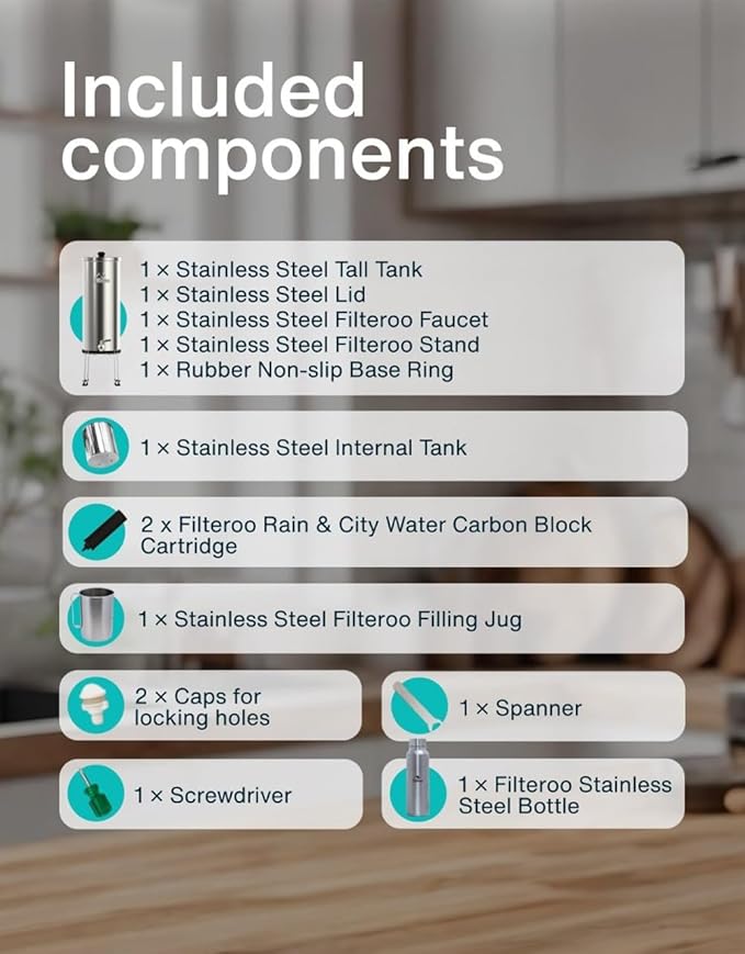 Filteroo® Superoo Countertop Gravity Water Filter System - 5.28 Gal/20L | 304 Stainless Steel | 2 Carbon Filters | NSF/ANSI Tested Gravity-Fed Water Purifier | Remove Bacterias & Heavy Metals