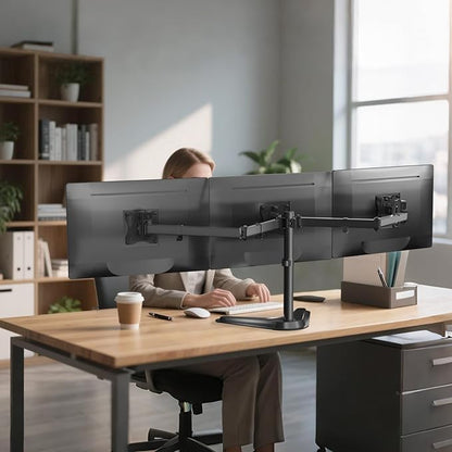 WALI Free Standing Triple Monitor Mount, Heavy Duty Triple Monitors Stand for 13-27 inch Screens, Adjustable 3 Monitor Arm Desk Mount with Swivel, Tilt, Rotation, Grommet Base (MF003N), Black