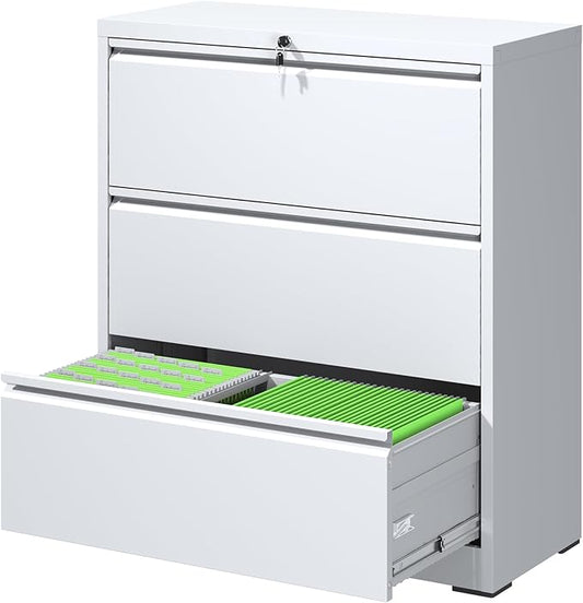 File Cabinets 3 Drawer,Metal Office Storage Filing Cabinet with Lock,White Lateral Filing Cabinet for Home Office,Horizontal Locking File Cabinets for Legal/Letter/A4 Files,Assembly Require