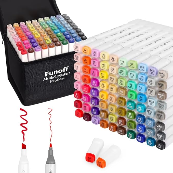 Funoff Alcohol Markers, 80 Colors Fine & Chisel Dual Tip Art Markers, Permanent Sketch Marker for Adult Coloring, Drawing, Sketching, Illustration