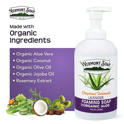 VERMONT SOAP Organic Lavender Foaming Hand Soap - Natural Moisturizing Soap for Dry Skin - Fragrance Free Liquid Bathroom Hand Soap Dispenser - Lavender - 12 oz