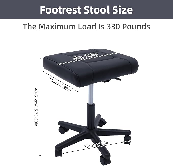 Footstool on Wheels, 15-20'' Height Adjustable, Lockable Rolling Stool Foot Rest for Office and Gaming Chairs, Load Capacity 330Lbs, Black