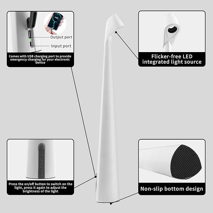 Portable Cordless LED Desk Lamp, Rechargeable Wireless Table Lamp, 3-Level Brightness, Patio & Bedside Night Light, Dining Room Ambient Reading Light (White)