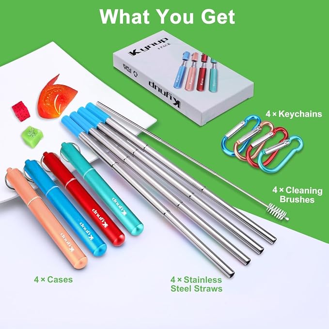 Kynup 4Packs Reusable Straws, Metal Straw with Silicon, Travel Drinking Straws with Case, Keychain, Cleaning Brushes, Silicon Pcs Perfect for Travel, Gifts (20 PCS) Blue-Rose Gold-Red-Turquoise