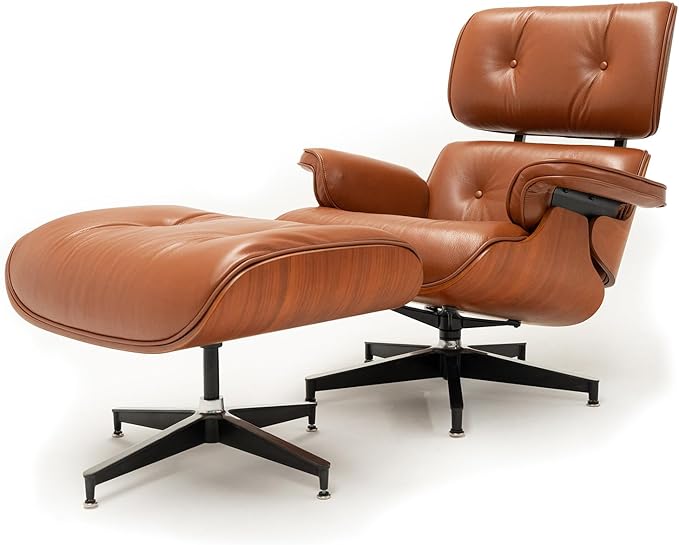 Mid Century Chaise Lounge Chair with Ottoman, Top Black Grain Leather, Modern Office Chair Classic Design, Heavy Duty Base Support for Living Room Study Lounge Office