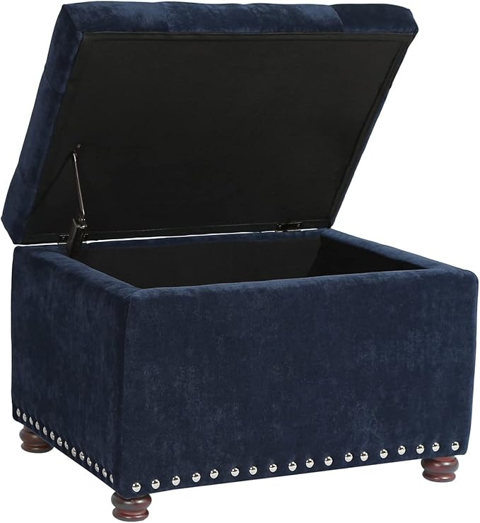 Adeco High End Classy Tufted Accents Rectangular Storage Bench Ottoman Footstool, Blue 24" * 17.5" * 17.7"