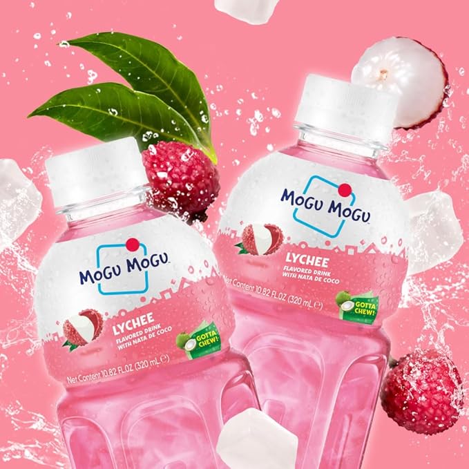 Mogu Mogu Lychee Juice Drink (6 Bottles) with Limited Edition Cooler Bag – Chewy & Fun Lychee Juice with Nata de Coco | Refreshing Drink for Kids & Adults | Ready to Drink Beverage Set