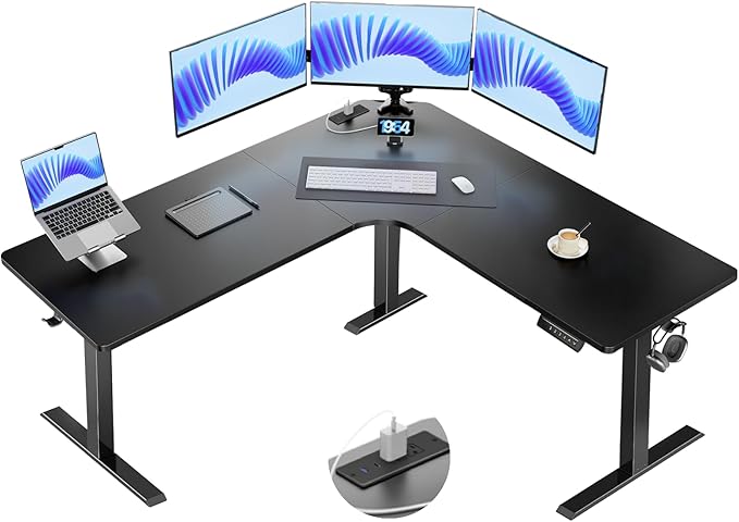 HUANUO Electric L Shaped Standing Desk, 63" x 63" Height Adjustable Corner Standing Desk with Built-in Power Outlets & Power Strip Holder, Sit Stand Up Table with 3 Preset Heights, Black