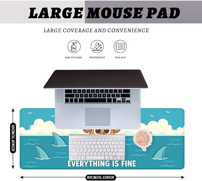 Funny Dog Gaming Mouse Pad Cartoon Everything Fine Reject Anxiety XL Mouse Pad Large Mousepad Extended Laptop Keyboard Mat Gaming Desk Pad Mouse Mat 31.5"x11.8"
