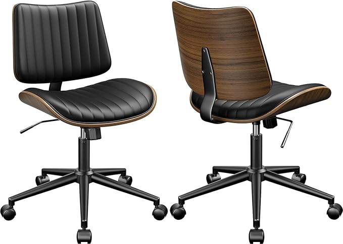 Armless Office Chair, Mid Century Modern Desk Chair with Walnut Wood Back & SGS Level 3 Gas Lift, Swivel PU Leather Computer Chair for Small Space, Home Office, 300lbs Cap, Black Set of 2