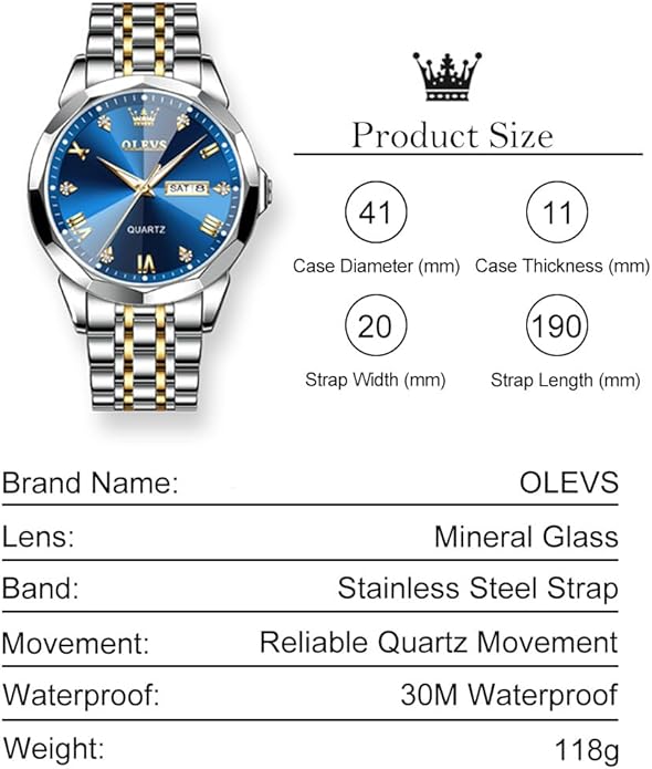 Men's Casual Stainless Steel Watch, Big Face Easy to Read Analog Quartz Watch with Day and Date, Classic Waterproof Diamond Roman Arabic Numerals Dial Dress Watch for Men, Gold Silver Black Band