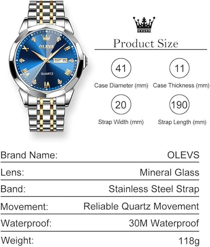 Men's Casual Stainless Steel Watch, Big Face Easy to Read Analog Quartz Watch with Day and Date, Classic Waterproof Diamond Roman Arabic Numerals Dial Dress Watch for Men, Gold Silver Black Band