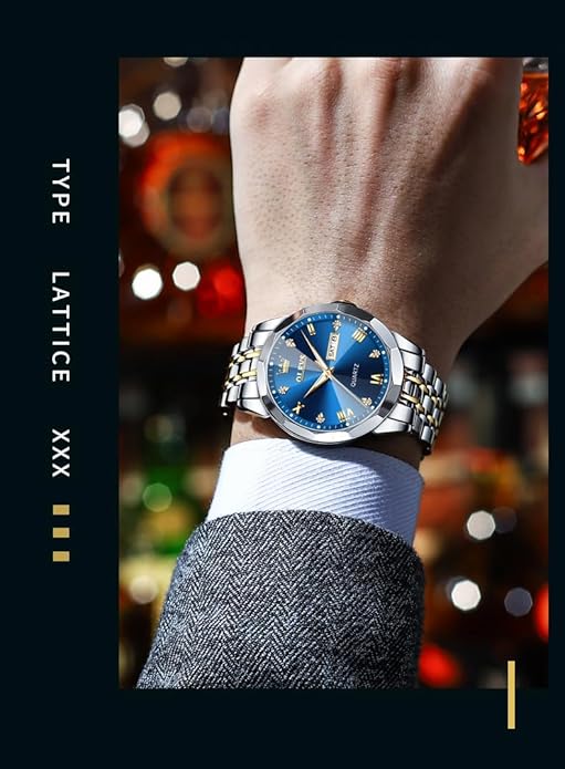 OLEVS Mens Watch Stainless Steel Analog Quartz Watches for Men Day Date Easy Read Diamond Waterproof Dress Luxury Classic Casual Big Face Blue/Black/Gold/Silver Roman Arabic Numerals Men's Wrist Watch