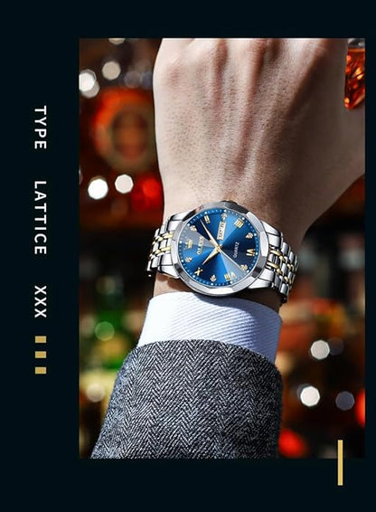 OLEVS Mens Watch Stainless Steel Analog Quartz Watches for Men Day Date Easy Read Diamond Waterproof Dress Luxury Classic Casual Big Face Blue/Black/Gold/Silver Roman Arabic Numerals Men's Wrist Watch