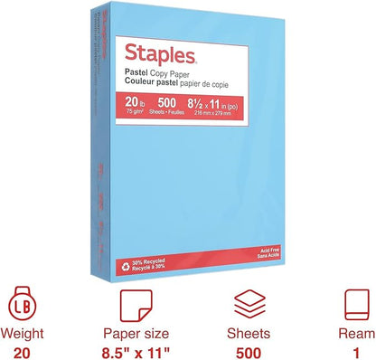 Staples Pastel Color Copy Paper, 30% Recycled, 8.5 x 11 Inch, 20 lbs, 500-Sheets Pack, Blue