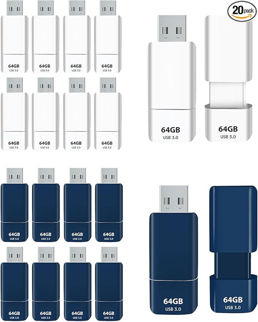 GIGASTONE 64GB Flash Drive (20 Pack) Z60NB USB 3.2 Gen 1, Ultra Fast, Retractable Capless Slider Design, Data Storage, Backup for PC/Mac/TV/Car Audio, USB 2.0/3.0/3.1 Compatible (Random Color)