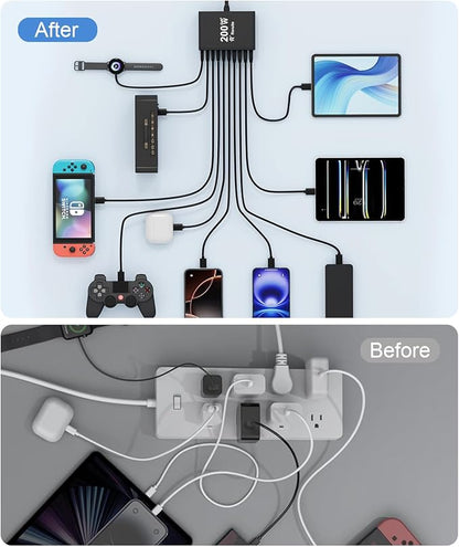 USB C Charging Station 10 Port with 4 USB Cables, 200W GaN Type C Charger Block, Wall Charger Power Strip Adapter Plug for iPad iPhone17 16 15 14 13 12 Pro Max Pixel Note Galaxy