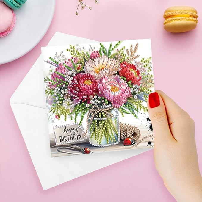 6PCS Diamond Art Painting Greeting Card Set, Bouquet Pattern DIY Cards with Envelopes for Xmas Birthdays Special Occasion Blessing