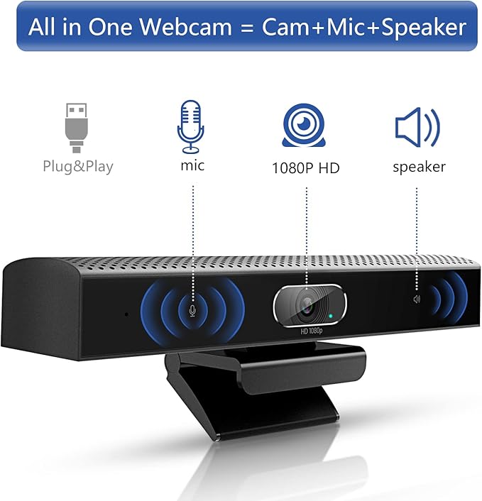Conference Room Camera, 3-in-1, 1080p Full HD Webcam with Microphone and Speaker, USB Plug and Play, Wide Angle Video Conference Camera for Desktop, Laptop, Mac, PC (Black)