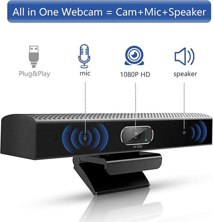 Conference Room Camera, 3-in-1, 1080p Full HD Webcam with Microphone and Speaker, USB Plug and Play, Wide Angle Video Conference Camera for Desktop, Laptop, Mac, PC (Black)
