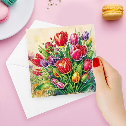 6PCS Diamond Art Painting Greeting Cards,Happy Birthday Cards with Envelopes,DIY Card Making Kits Thank You Card Arts Crafts for Birthday(Flower)