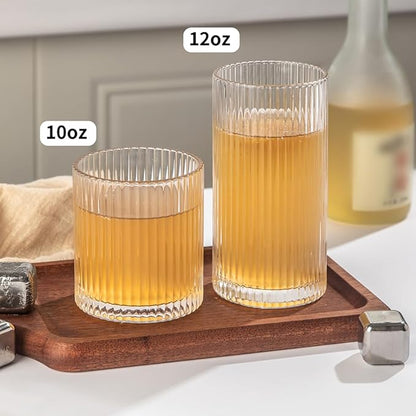 Ribbed Drinking Glasses 4pcs, 12oz and 10oz Glassware, Tumbler Glasses Cup Set for Wedding, Party, Christmas Gift, Clear
