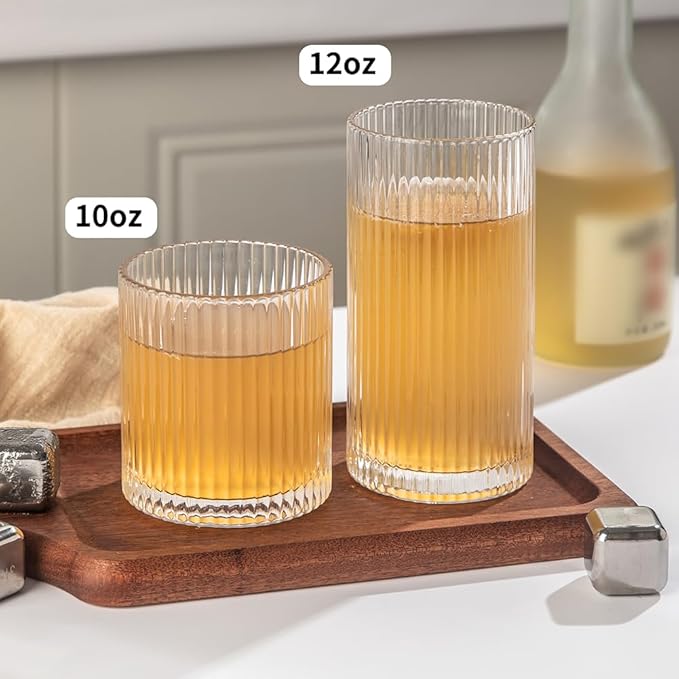 Ribbed Drinking Glasses 8pcs, 12oz and 10oz Glassware, Tumbler Glasses Cup Set for Wedding, Party, Christmas Gift, Clear