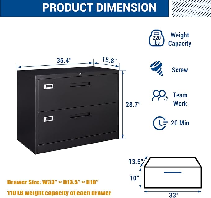 Lateral File Cabinet with Lock, 2 Drawer Large Metal Filing Cabinet,Home Office Lockable Storage Cabinet for Hanging Files Letter/Legal/F4/A4 Size-Assembly Required