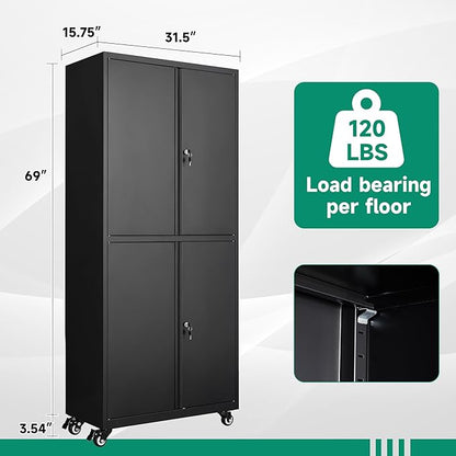 Letaya Metal Garage Storage Cabinet with Wheels,Steel Tool Rolling Cabinets with Lock Door and Adjustable Shelves fro Home Utility Organization Room(1PC-Black)