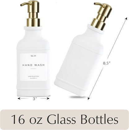 Emerson Essentials Soap Dispenser, Dish Soap Dispenser, Soap Dispenser Bathroom Set, Hand Soap, Kitchen Soap Dispenser Set, Glass Soap Dispenser with Pump and Labels | 16 Oz, 2-Pack