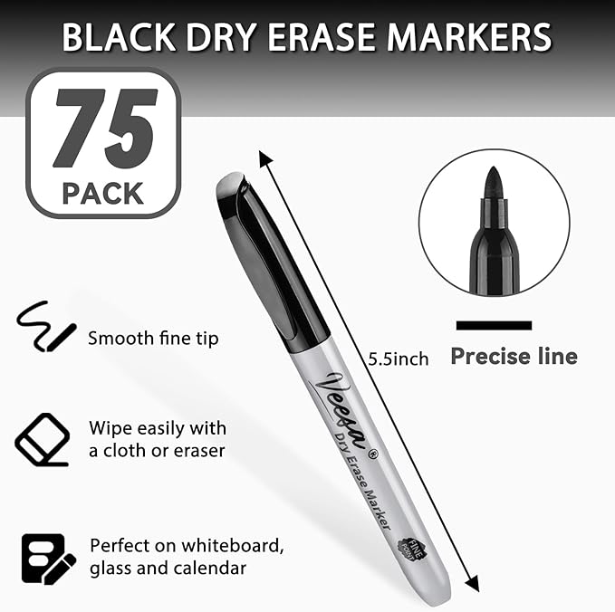 VEESA Dry Erase Markers Black, Fine Tip, 75 Pack Low-Odor Whiteboard Marker Pens, Home School Supplies, Office Series
