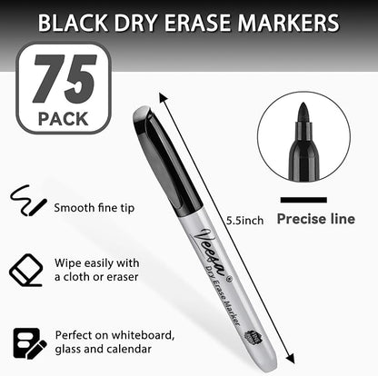 VEESA Dry Erase Markers Black, Fine Tip, 75 Pack Low-Odor Whiteboard Marker Pens, Home School Supplies, Office Series