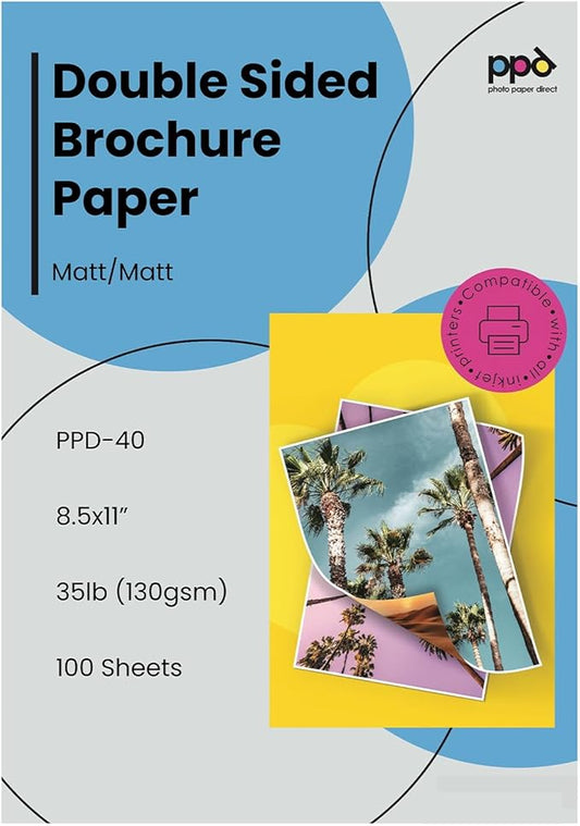 PPD Double Sided Photo Paper, Matte Brochure Paper 8.5 x 11 for Inkjet Printer, 130 gsm, 6.3 mil Thick for Magazine, Flyer, Presentation, Program, Instant Dry & Water Resistant (100 Sheets)