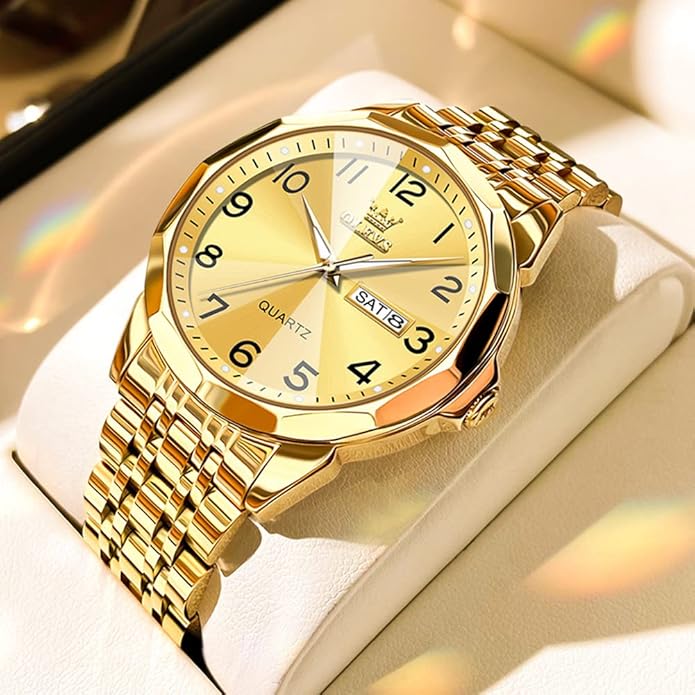 Men's Casual Stainless Steel Watch, Big Face Easy to Read Analog Quartz Watch with Day and Date, Classic Waterproof Diamond Roman Arabic Numerals Dial Dress Watch for Men, Gold Silver Black Band