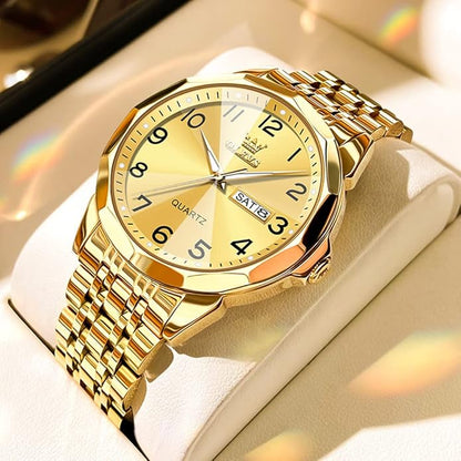 Men's Casual Stainless Steel Watch, Big Face Easy to Read Analog Quartz Watch with Day and Date, Classic Waterproof Diamond Roman Arabic Numerals Dial Dress Watch for Men, Gold Silver Black Band