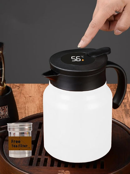 34oz Thermal Coffee Carafe with Tea Infuser/Smart Double Walled Vacuum Thermo with LED Display/Stainless Steel Tea Carafe/Tea Pot /12 Hour Heat & 24hr Cold Retention (White)