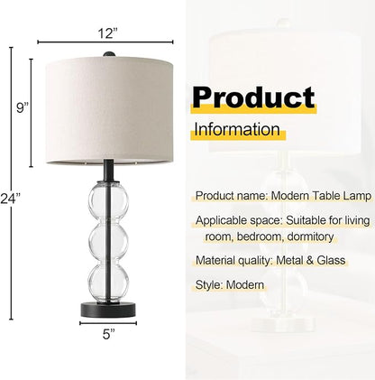 Oneach 24" Glass Table Lamps Set of 2, Black Modern Table Lamps with USB Ports for Living Room, Linen Shade Bedside Lamps for Bedroom, Nightstand, Side Table (Bulbs not Included)