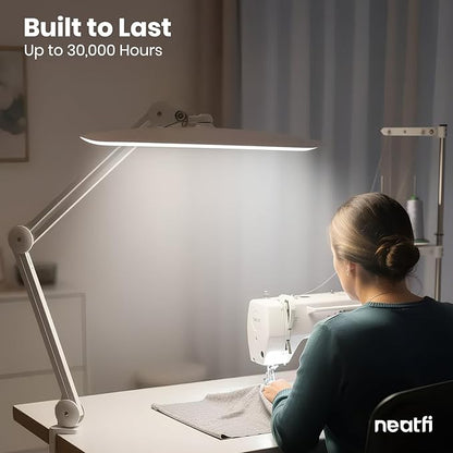 Neatfi XL LED Desk Lamp with Clamp, 2200 Lumens, 20W, 20-Inch Wide Head, Dimmable 4 Brightness Levels, 3 Color Modes 3000K–6000K, Task Light for Home Office, Crafts, Workbench (CCT, White)
