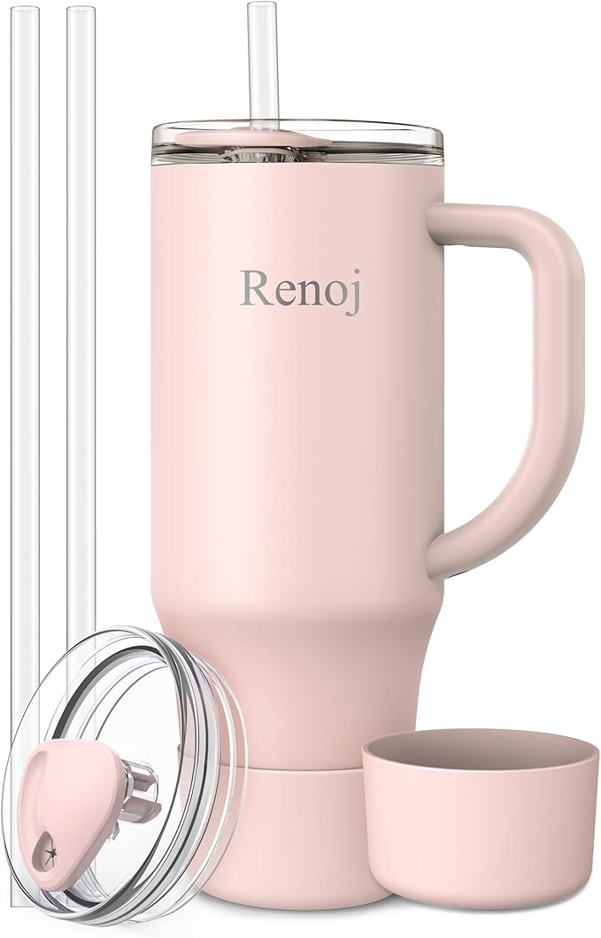 Renoj Tumbler with Handle 100% Spill Resistant Insulated Water Bottle for Iced Coffee & Hot Drinks - Fits Car Cup Holder, Ideal Gift, 2 Straws & Silicone Boot BPA-Free - FlexSlide Light Pink 32 oz