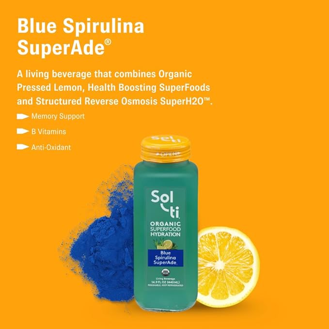 Organic SuperAde Hydration Drink, Boosts Memory, SuperFood Lemonade by Sol-ti, Cold-Pressed Blue Spirulina and Lemon Juice Blend, 16 Pack (14.9 Fl oz)