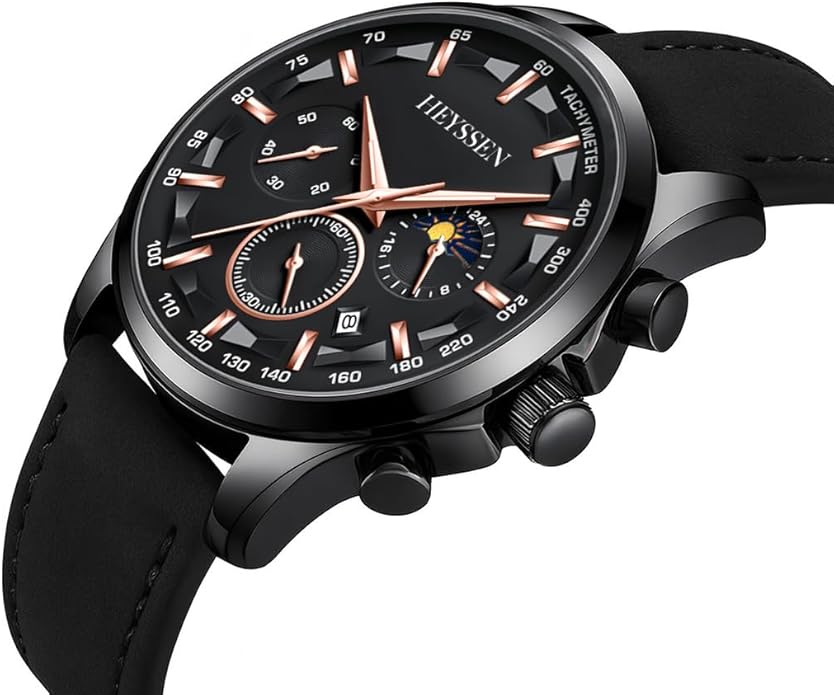 Watches for Men Chronograph Analog Luminous Quartz Watch Blue Black Luxury Genuine Leather Mens Watches Business Sports Waterproof Wristwatch Elegant Gift for Him