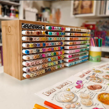 Ohuhu Bamboo Marker Organizer, Wooden Desktop Storage Hold 126 Markers, Pens, Pencils, Art Brushes Stationary Organizer Pencil Holder with 18 Compartments for Home, Classroom, Office Decor