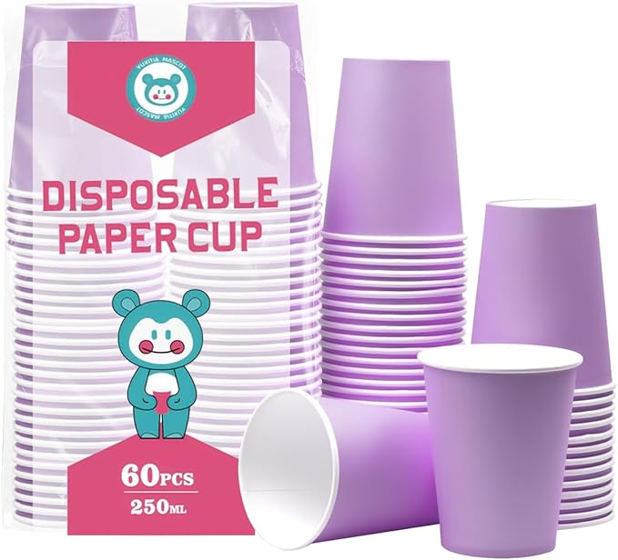 Disposable Paper Cups,60pcs Color Paper Cups For DIY Wedding Party Picnic BBQ Travel and Event 8OZ (Light purple)