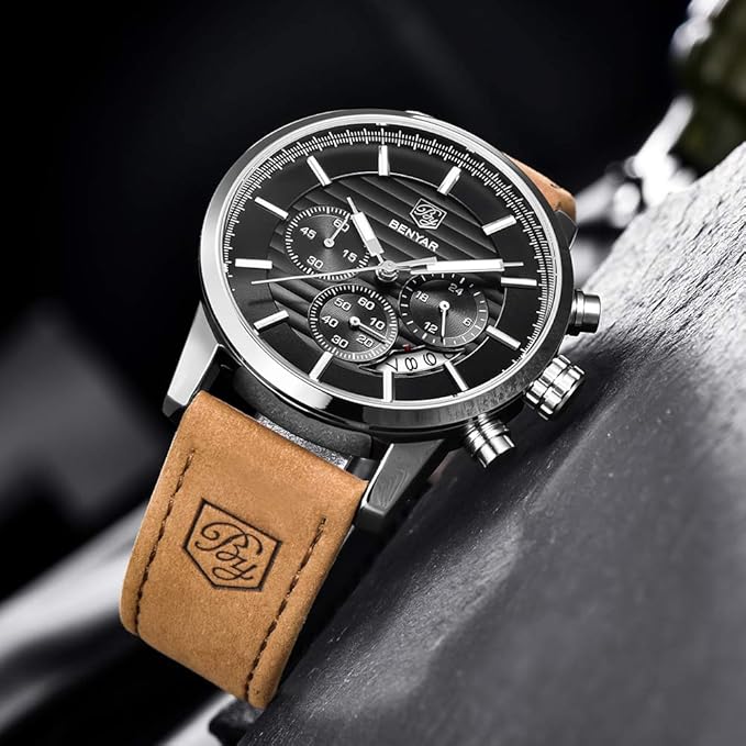 BENYAR Quartz Chronograph Waterproof Watches Business and Sport Design Leather Band Strap Wrist Watch for Men